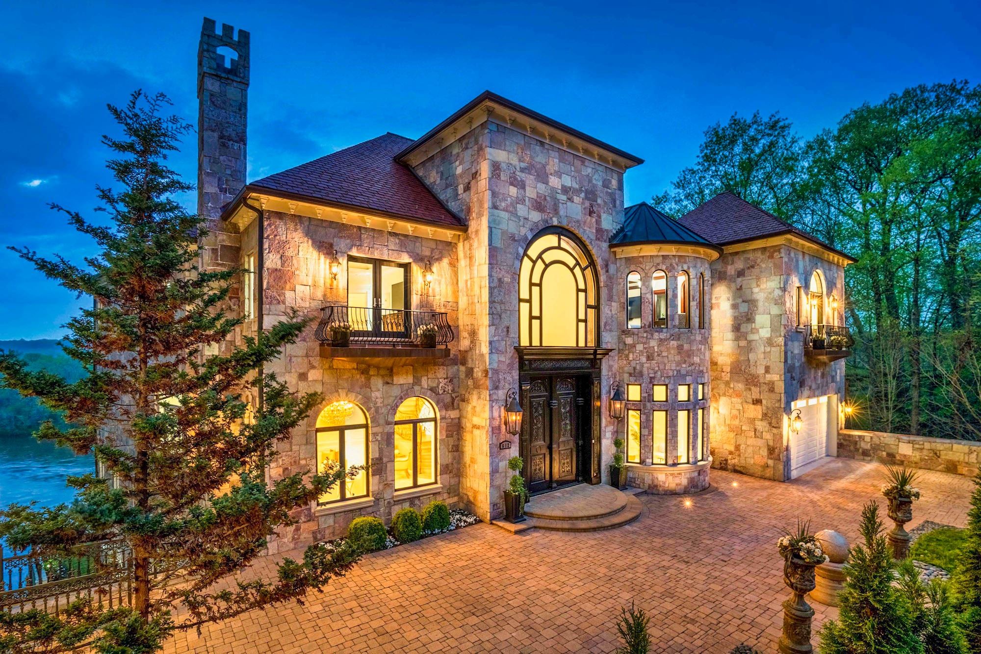 Front facade of Rivercrest at dusk