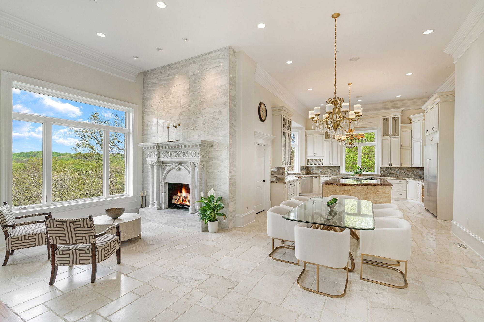 The fireplace, the kitchen, and breakfast in one view.