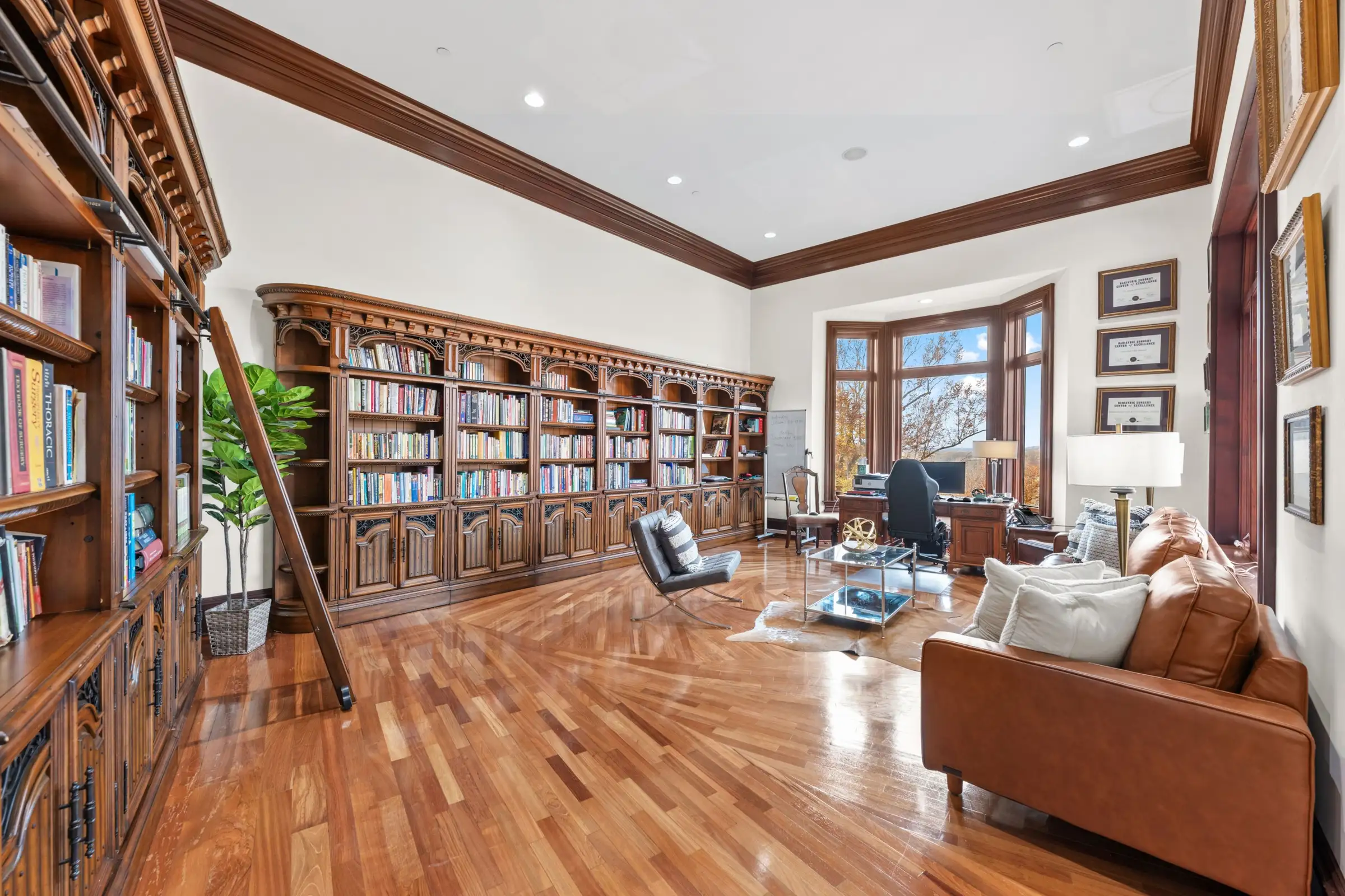 Library bookshelves, ladder and bay-window desk.