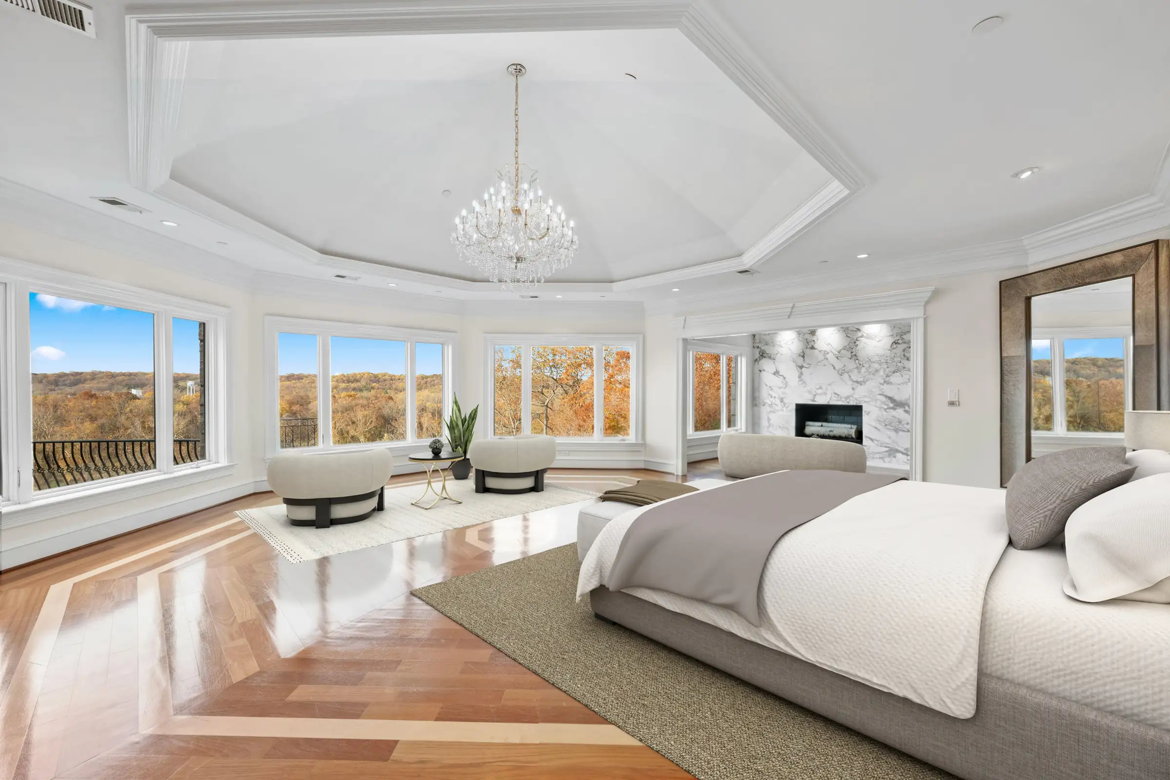 Shakespeare Suite with an upholstered bed, river-facing windows and marble fireplace.